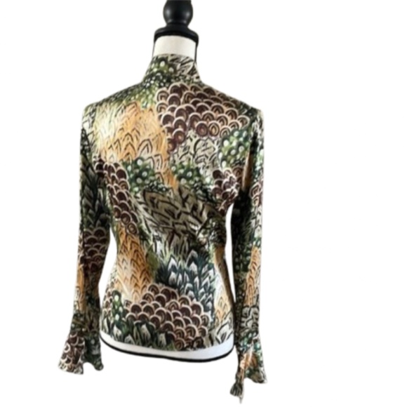 St. John silk gold green black feather print pattern  Sleeve Blouse - Picture 3 of 17